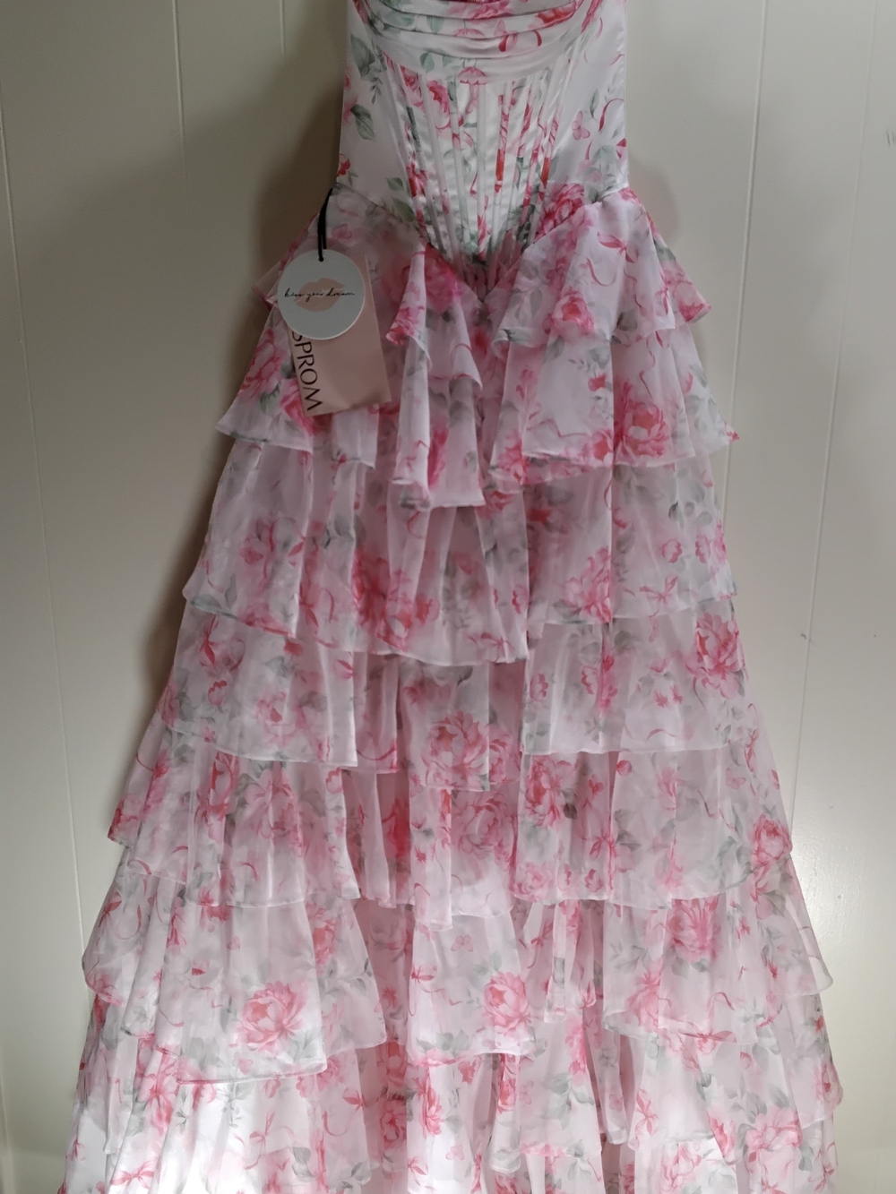Strapless Pink Floral Tiered Ruffle Gown - Picture 6 of 11